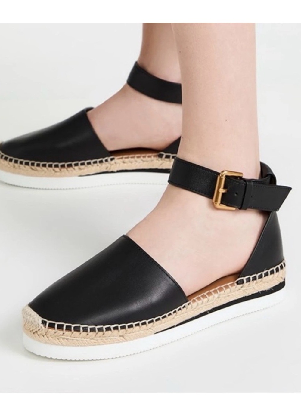 See by Chloé Black Leather Espadrille Platform Ankle Strap Sandals Size 38